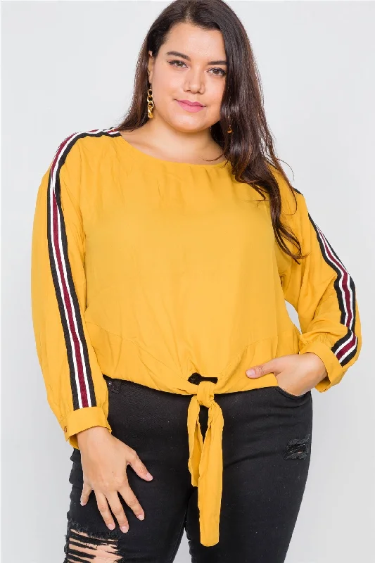 Big Discounts Plus Size Color Block Sleeve Front Knot Semi-sheer Top