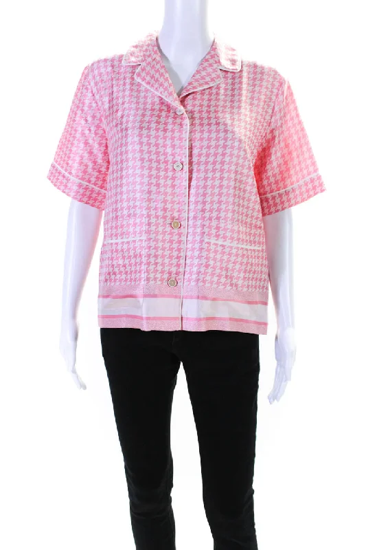 Elegant Style Christian Dior Womens Button Front Houndstooth Silk Pajama Top Pink White