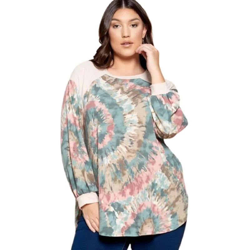 Break Fashion Norms Plus Size Tie Dye French Terry Print Balloon Sleeve Top