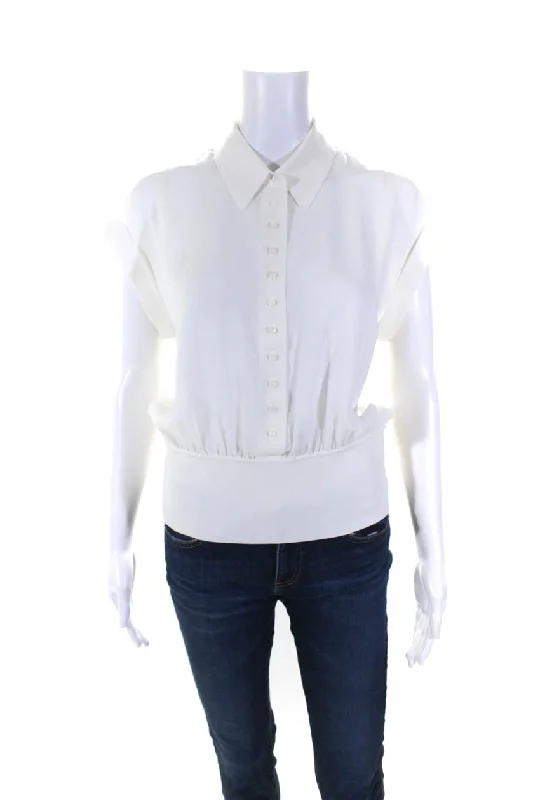 Fashion Deal Lafayette 148 New York Womens Button Front Collared Silk Shirt White