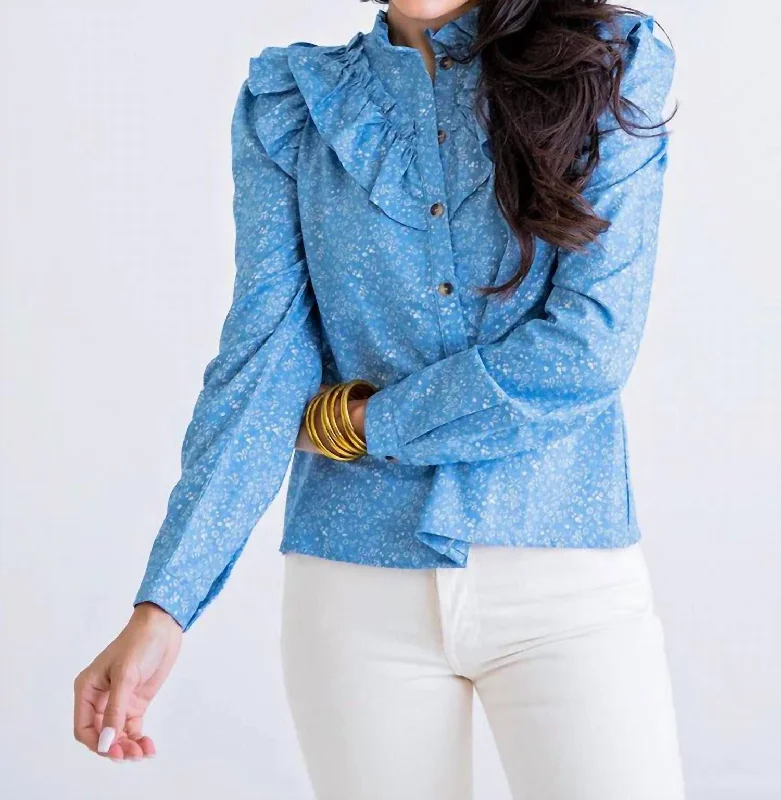 Luxury Fashion Discounts Floral Ruffle Top In Chambray