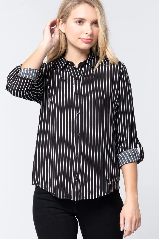 Ride The Style Wave 3/4 Roll Up Slv Stripe Print Shirt