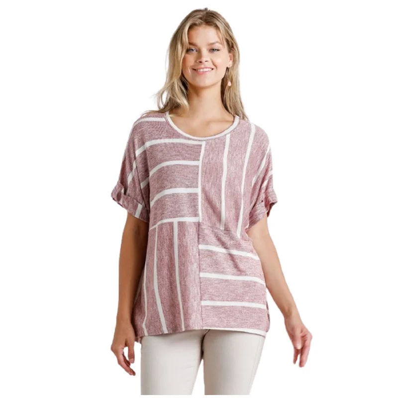 Sale Event, Prices Rock Horizontal And Vertical Striped Short Folded Sleeve Top With High Low Hem