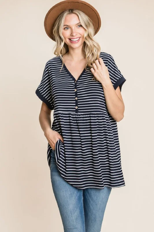 Summer Deals Cotton Bleu by Nu Label Striped Button Front Baby Doll Top