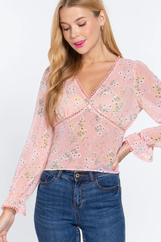 Gift Ideas Ruffle Slv Floral Print Chiffon Top