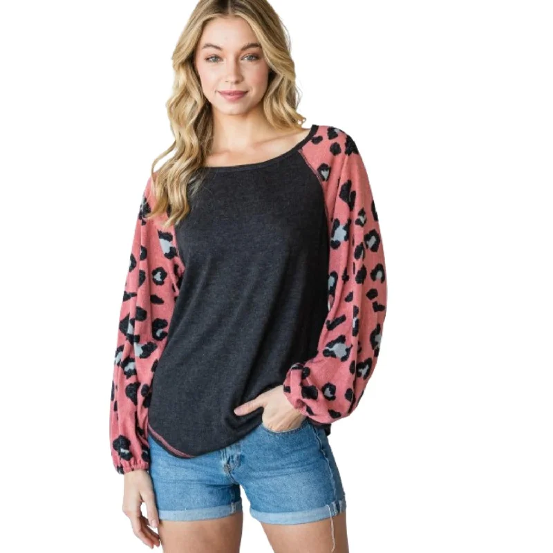 Sleek Style Discounts Round Neckline And Animal Print Color Block Top