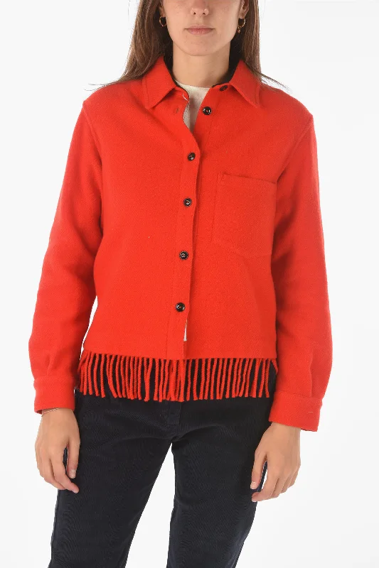 Elegant Style Woolrich fringed hem wool blend shirt with breast pocket