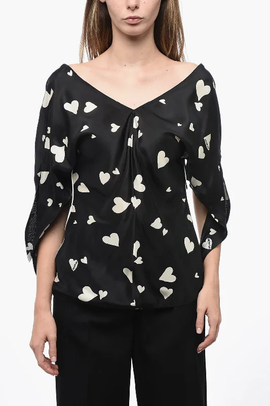 Chic Styles Marni V-Neck Heart-Printed Silk Blosue