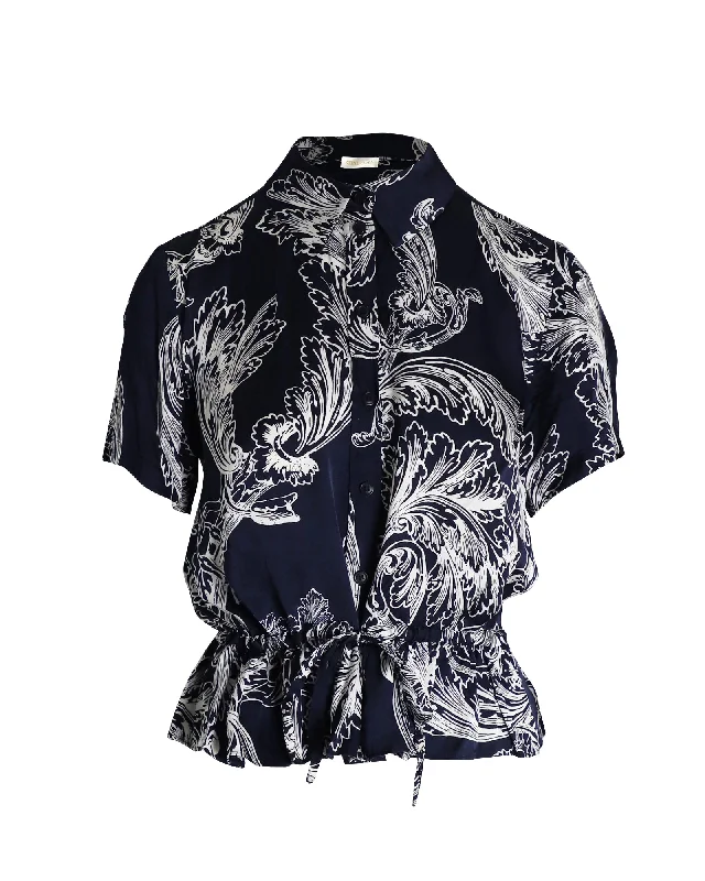 Elegant Style Sine Goya Printed Drawstring Top in Navy Blue Satin