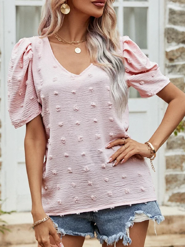 Best Deals Of The Season Swiss Dot Short Puff Sleeve Top