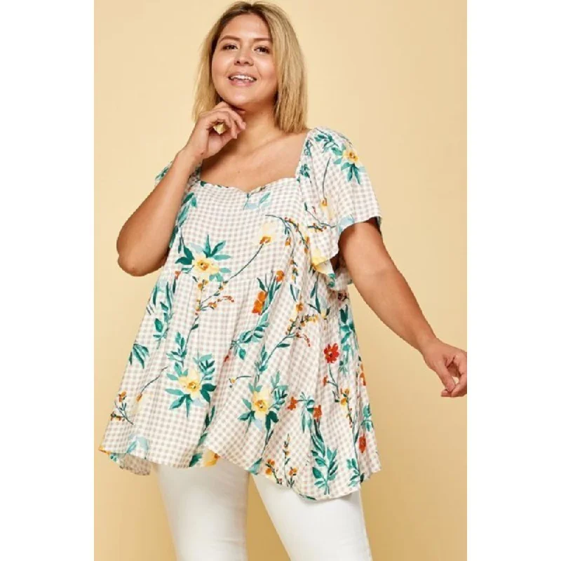 Chic Style, Always In Vogue Plus Size Floral Check Printed Rayon Challis Square Neck Fashion Top