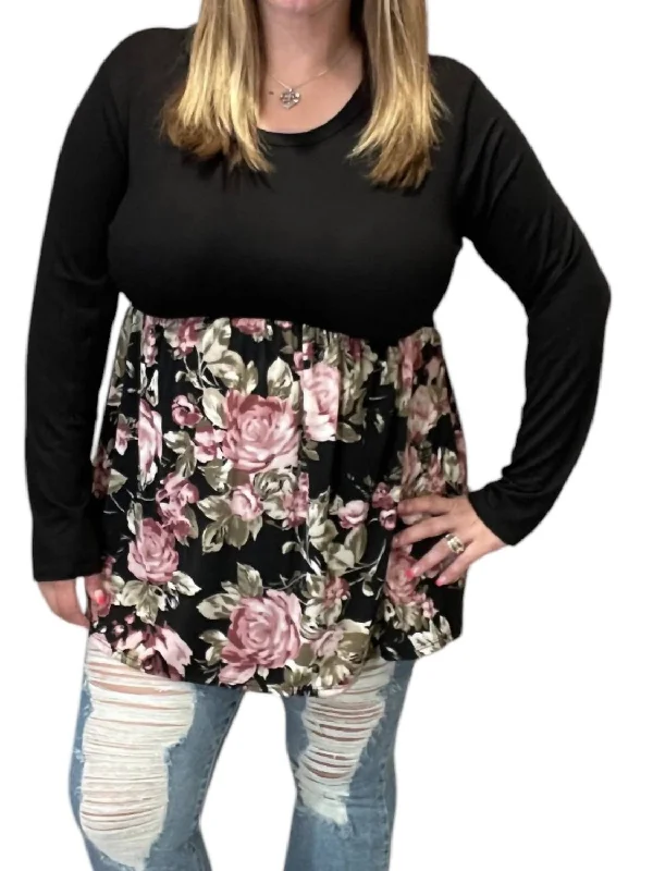 Flash Sale Rose Floral Babydoll Top In Black