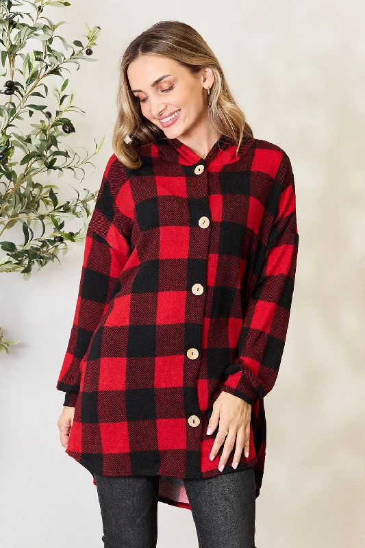 Mega Sales Full Size Plaid Button Front Hooded Shirt