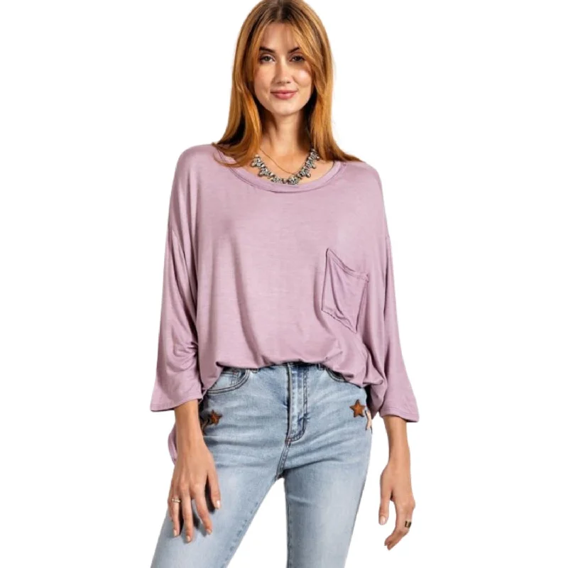 Discover Now Rounded Neckline 3/4 Sleeves Washed Top