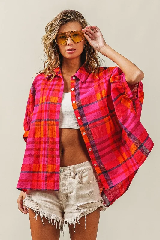 New Styles Just In Button Up Dolman Sleeve Plaid Shirt