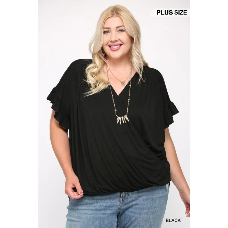 Hot Deals Solid Viscose Knit Surplice Top With Ruffle Sleeve