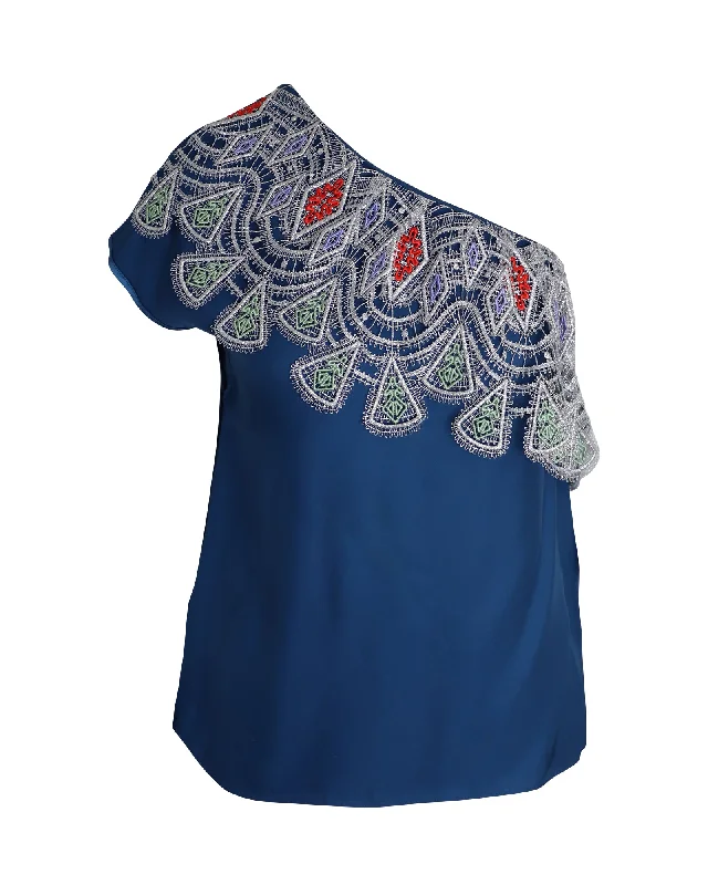 Exclusive Discount Peter Pilotto One Shoulder Embroidered Top in Blue Viscose