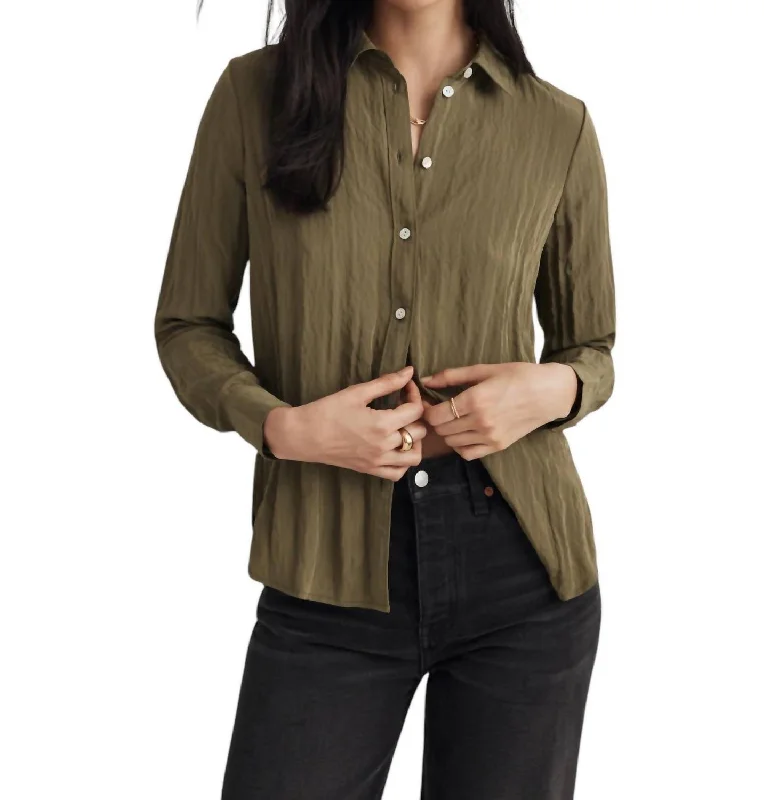 Huge Markdowns Crinkled Button-Up Shirt In Olive