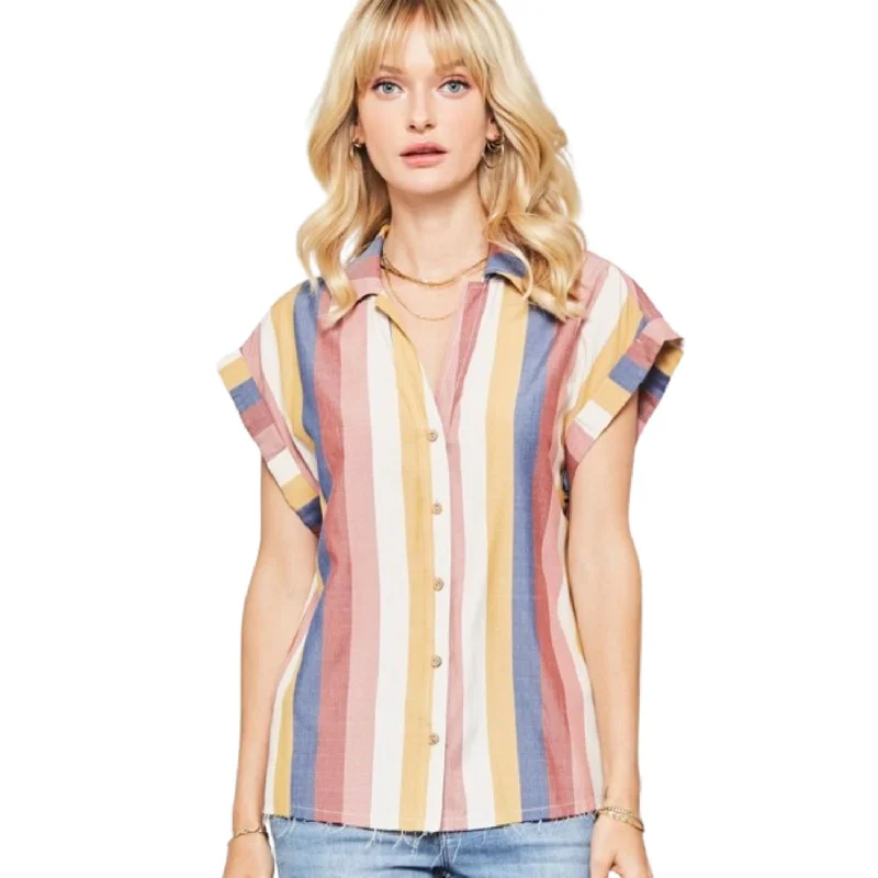 Fashionista Sale A Woven Shirt In Multicolor Striped With Collared Neckline