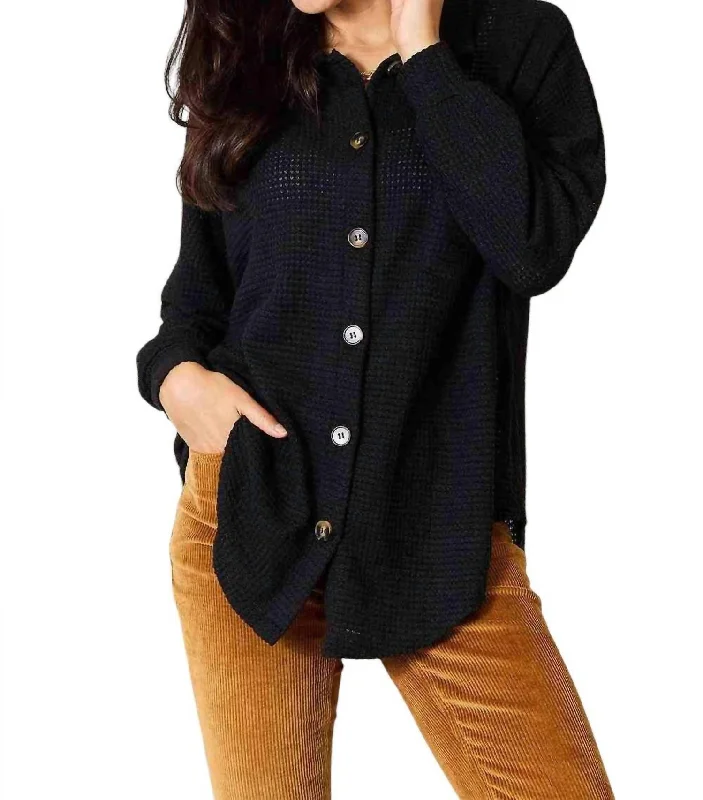 New Season Fashion Preview Sale Elegant Waffle-Knit Collared Shirt In Black