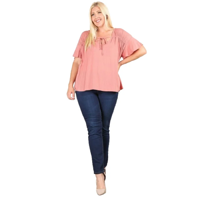 Style Breakthroughs Plus Size Solid Top With A Necktie, Pleated Detail, And Flutter Sleeves