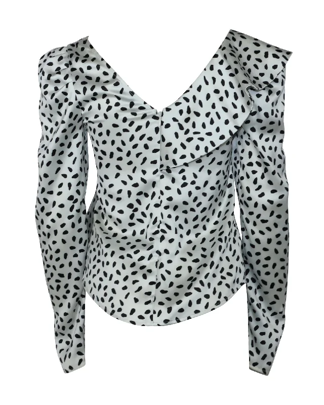 Holiday Attire Sale Self- portrait Polka-dot Ruffled Satin Top in White Polyester