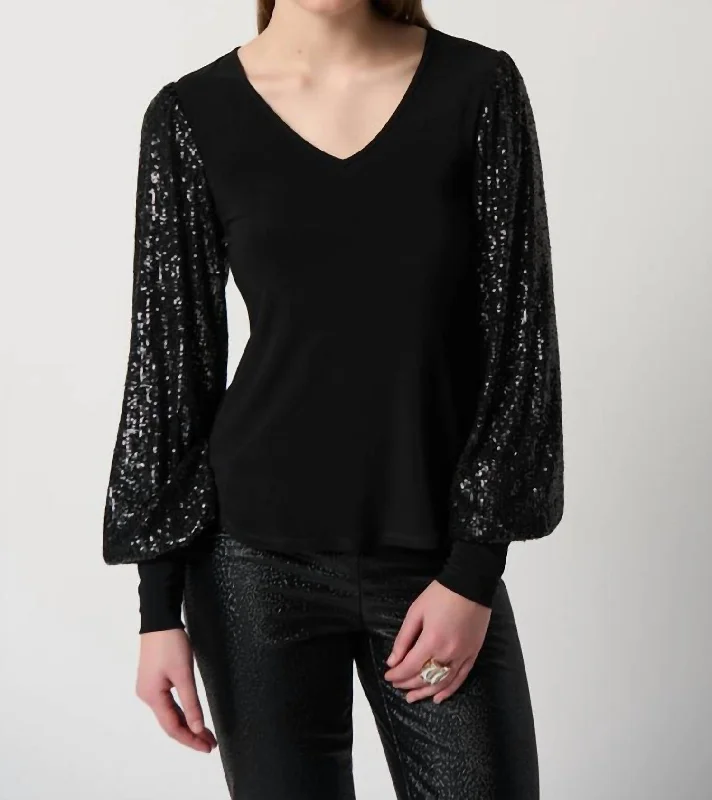 Budget Friendly Sequin Sleeves Top In Black