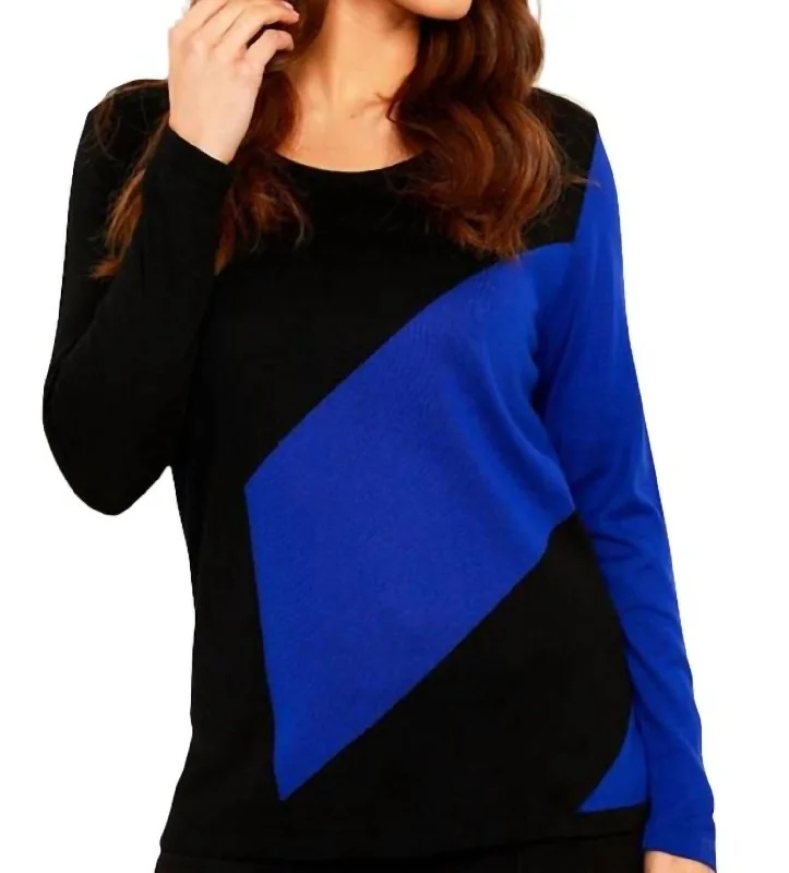 Style Without Limits 3/4 Sleeve Abstract Crew Top In Black/royal