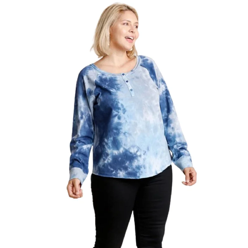 Cozy Comfort Style Sale Tie-dye Button Front Long Raglan Sleeve Top With Raw Hem