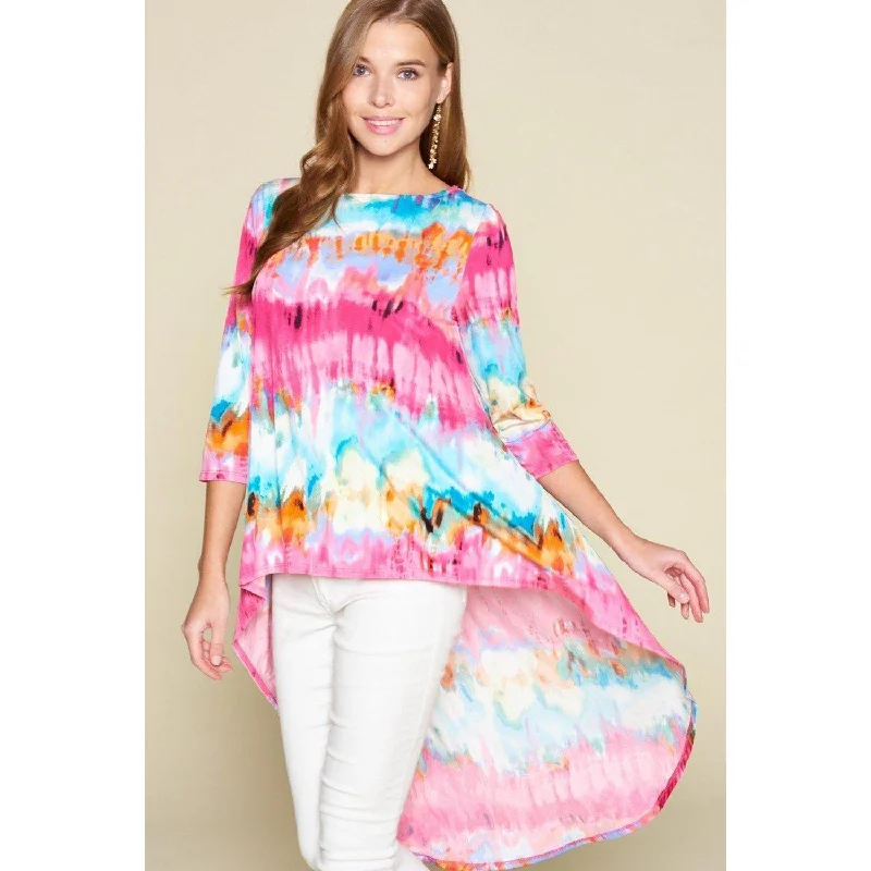 Hot Brand Discounts Tie-dye Venechia High Low Fashion Top With 3/4 Sleeves