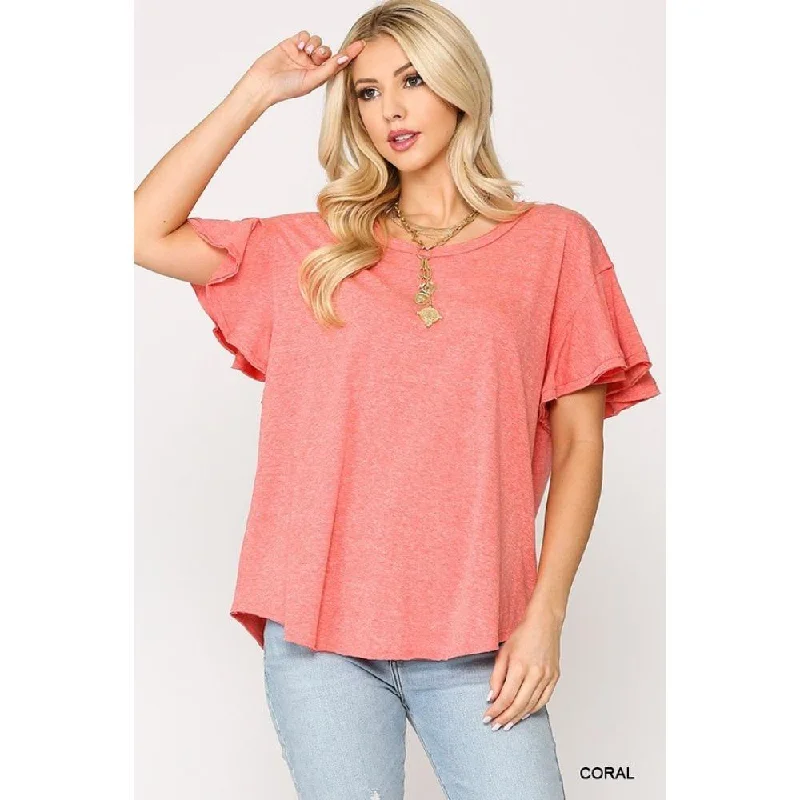 Clearance Sale, All Cheap Solid Round Neck Frill Sleeve Top With Scoop Hem