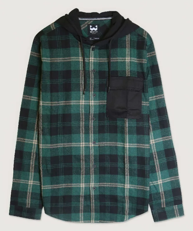 Hot Items Contrast Pocket Plaid Hooded Shirt