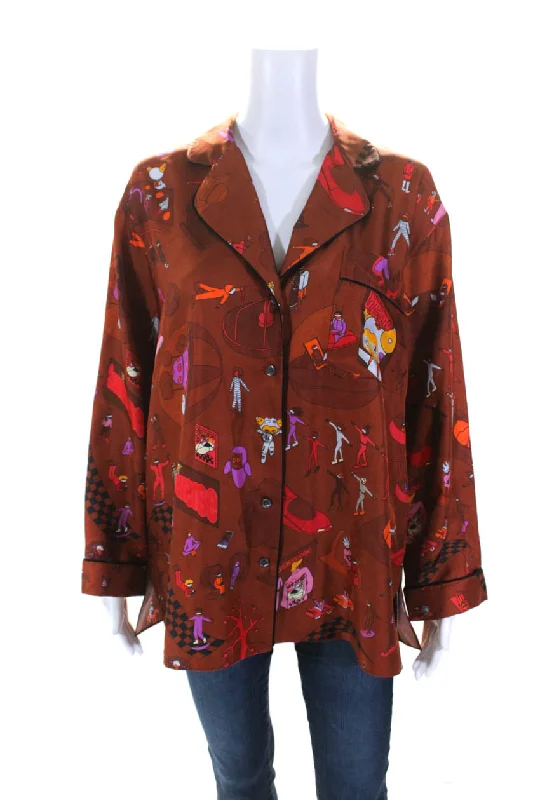 Valentine's Special Sanne Womens Button Front 3/4 Sleeve Collared Silk Future Shirt Brown