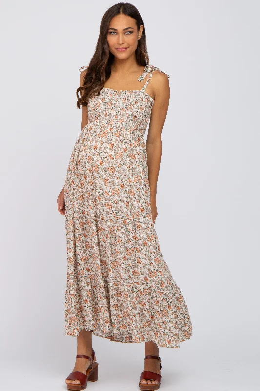 Women's Trendy Attire Relaxed Style Deals Beige Floral Sleeveless Tiered Maternity Maxi Dress