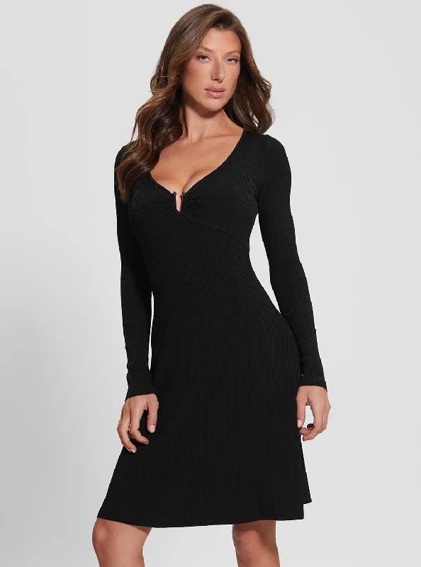 Women's Formal Event Outfit Casual Chic Black Olivia Knit Midi Dress