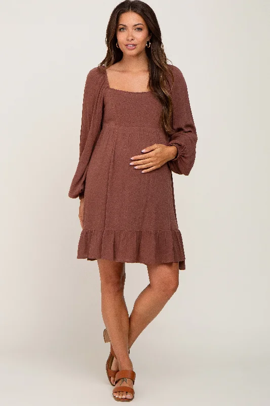 Women's Clothing Sets Limited Time Offer Brown Square Neck Puff Long Sleeve Maternity Dress