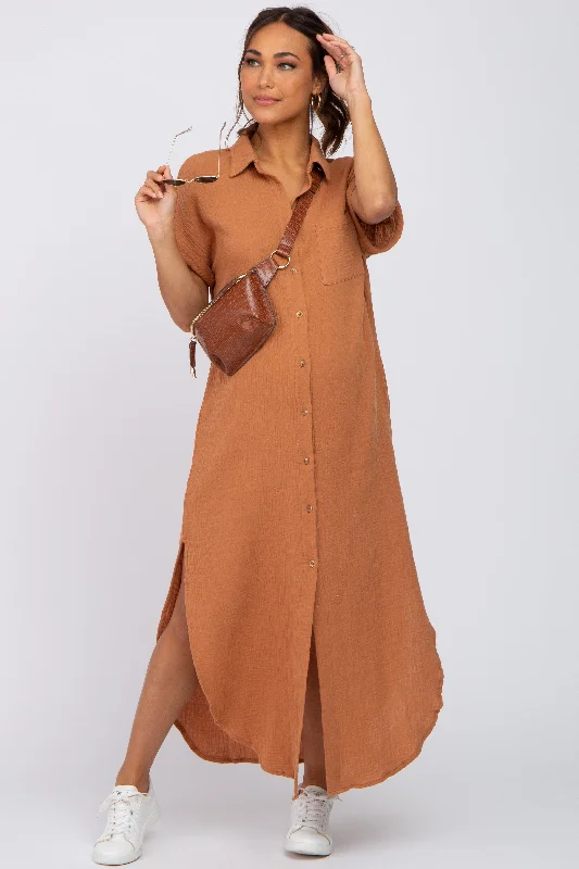 Comfortable Women's Apparel Fashion Forward Camel Button Down Maternity Midi Dress