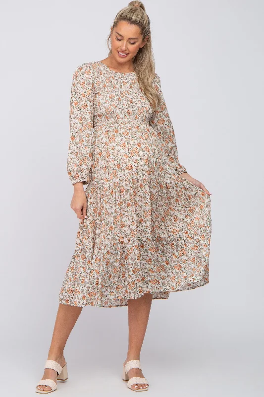 Women's Office Clothing Big Savings Cream Floral Smocked 3/4 Sleeve Maternity Midi Dress