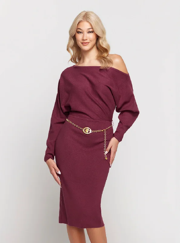 Affordable Trendy Clothes For Women Limited Edition Dark Red Raven Long Sleeve Off Shoulder Midi Dress