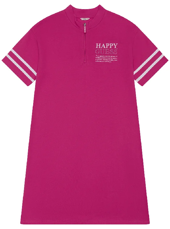 Women's High-Fashion Garments Vintage Style Deals Bright Pink French Terry Short Sleeve Dress (2-7)