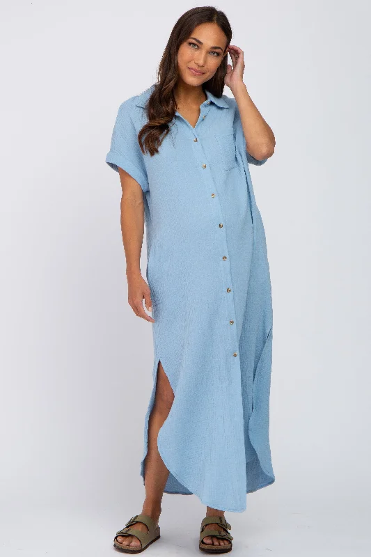 Sustainable Women's Apparel Crazy Price Slashing Light Blue Button Down Maternity Midi Dress