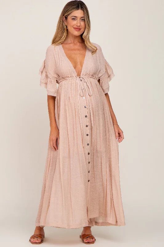 Women's Resort Attire Modern Fashion Sale Light Pink Deep V-Neck Button Down Maternity Maxi Dress