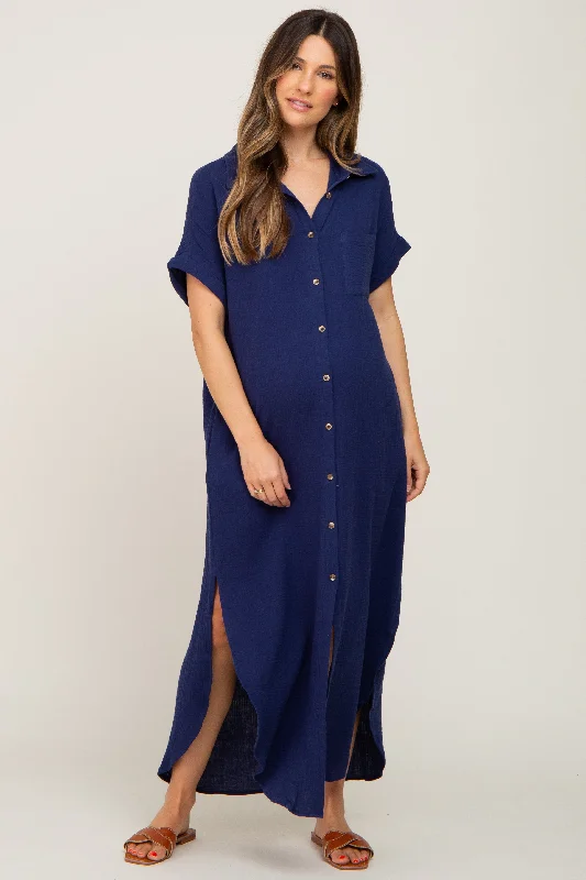 Women's Vintage Garments Luxury Casual Deals Navy Button Down Maternity Midi Dress