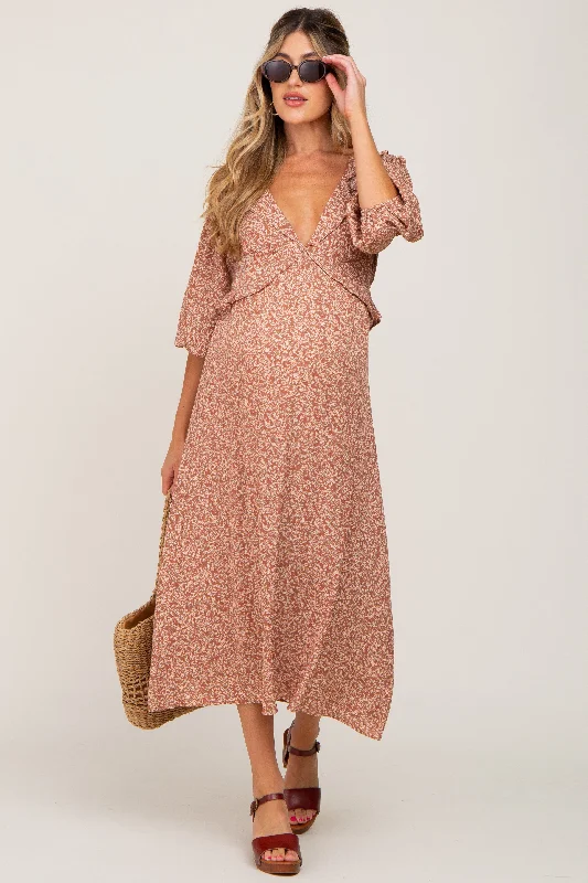 Women's Evening Outfit Stylish Looks Rust Floral Ruffle V-Neck Maternity Midi Dress