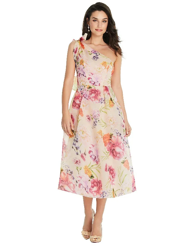 Charming Women's Garments Sophisticated Style Offers Scarf-Tie One-Shoulder Pink Floral Organdy Midi Dress