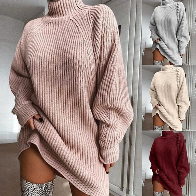 Modern Women's Apparel Discover Now Solid Turtleneck Long Sweater Winter Warm Women Sweater Dress