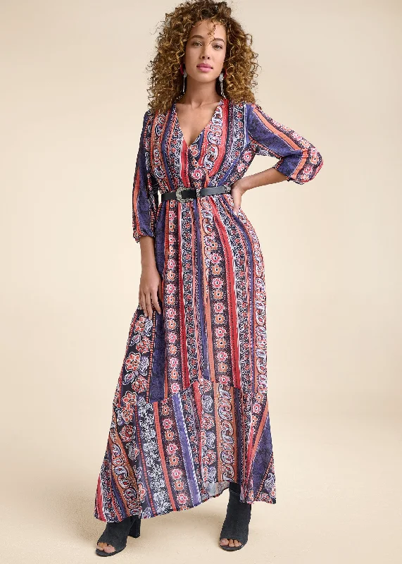 Stylish Women's Outerwear Apparel Laid-Back Fashion Offers Printed Stripe Long Dress  - Orange Multi