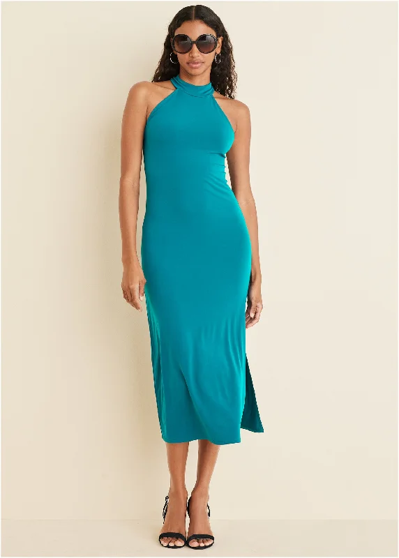 Women's Trendy Outfit Stylish Statements High Neck Midi Dress - Teal