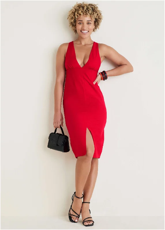 Women's Trendy Garments Feminine Luxe Style Sale Linen Deep V Dress - Red