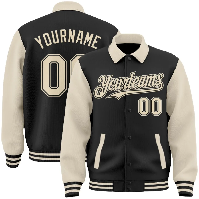 Chic And Contemporary Unisex Clothing Choices Seize Bargains Custom Black Cream Bomber Full-Snap Varsity Letterman Two Tone Lapel Collar Byron Jacket